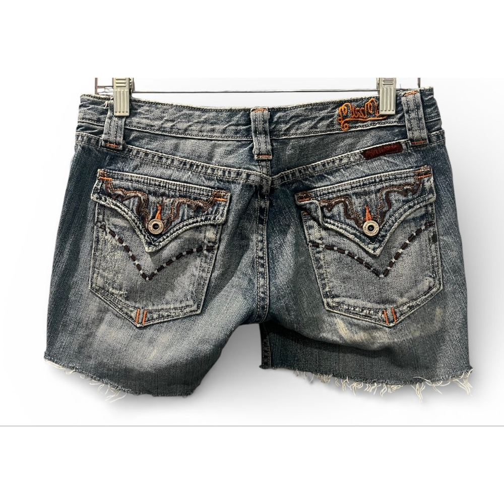 Vintage Y2K Miss Me Bamboo Embroidered Size 27 Distressed Denim Blue Shorts